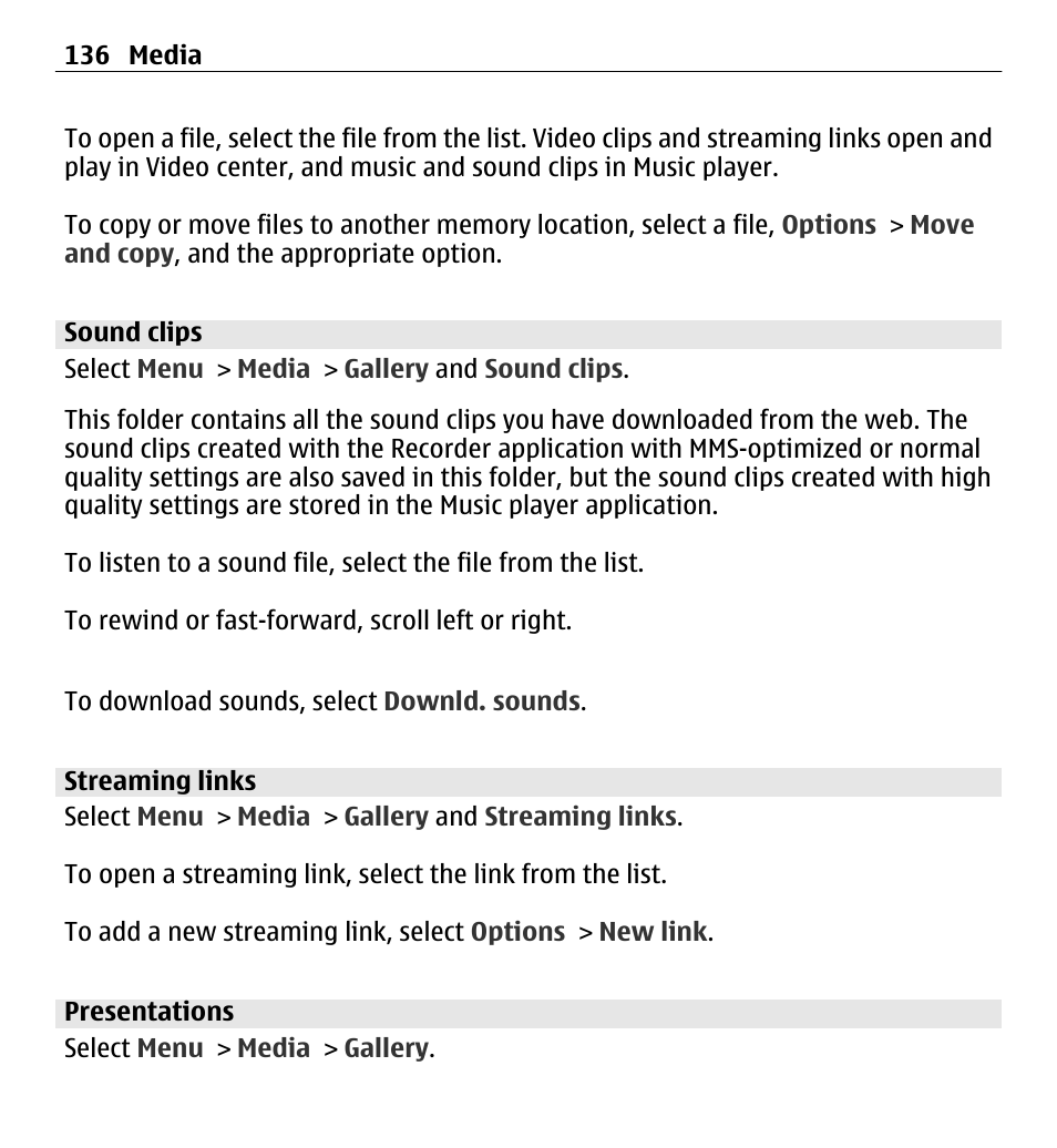Sound clips, Streaming links, Presentations | Nokia E5-00 User Manual | Page 136 / 230