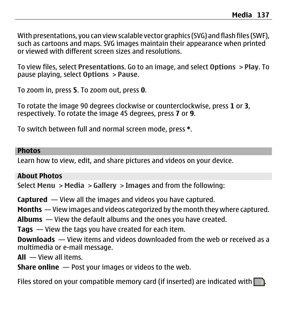 Photos, About photos | Nokia E5-00 User Manual | Page 137 / 230