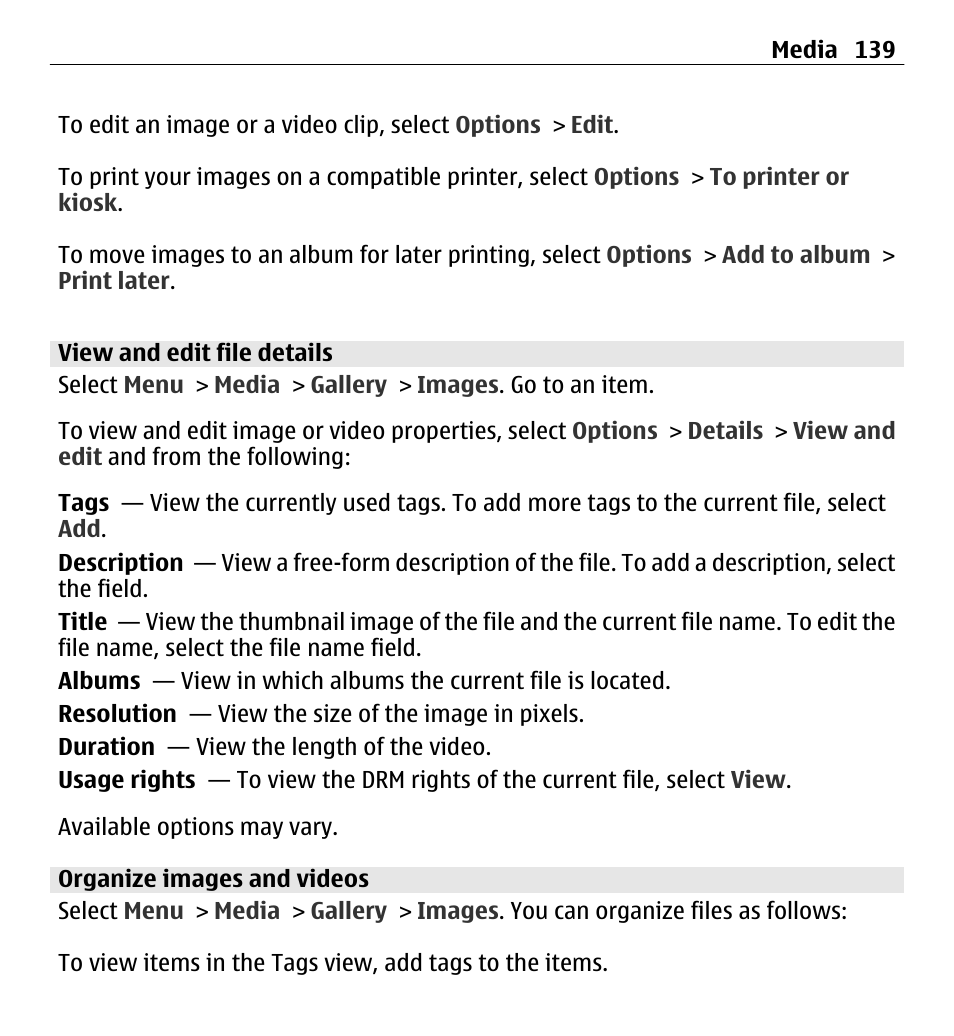 View and edit file details, Organize images and videos | Nokia E5-00 User Manual | Page 139 / 230