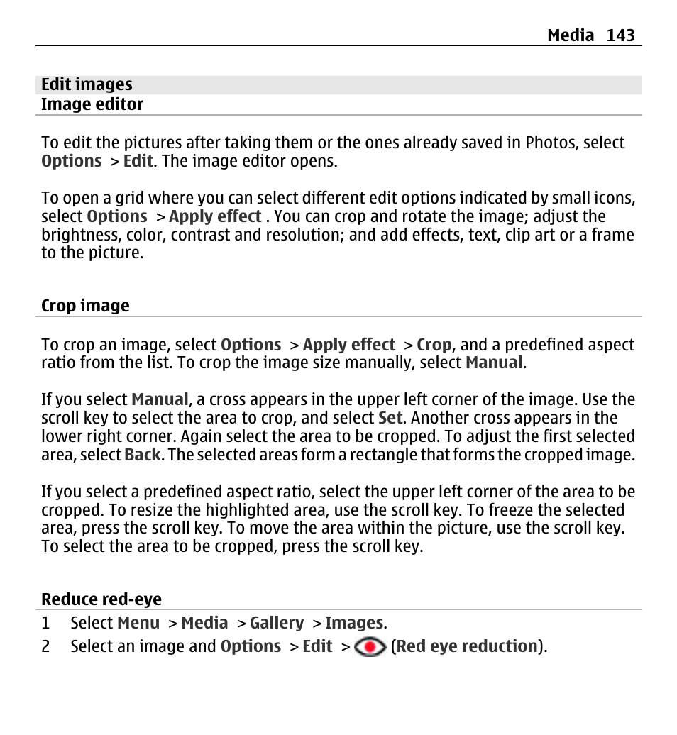 Edit images, Image editor, Crop image | Reduce red-eye | Nokia E5-00 User Manual | Page 143 / 230