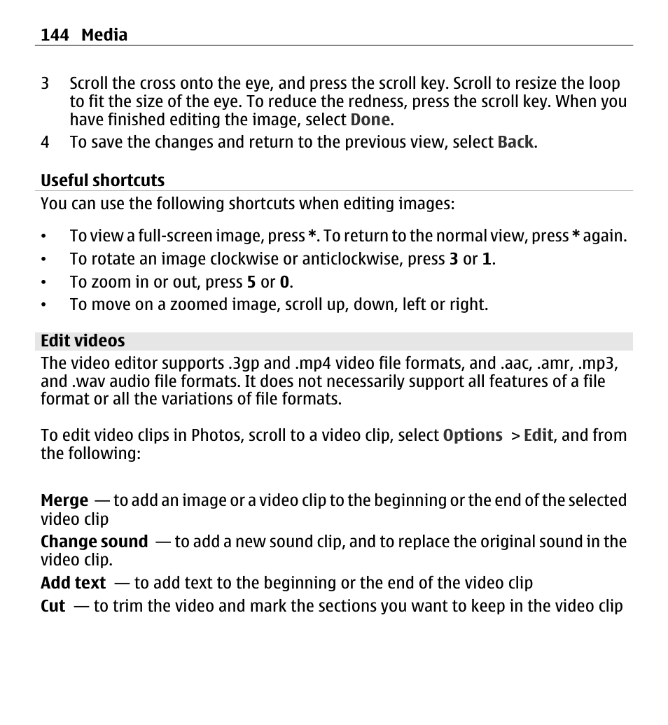 Useful shortcuts, Edit videos | Nokia E5-00 User Manual | Page 144 / 230