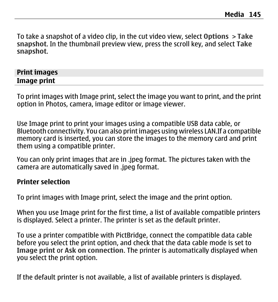 Print images, Image print, Printer selection | Nokia E5-00 User Manual | Page 145 / 230