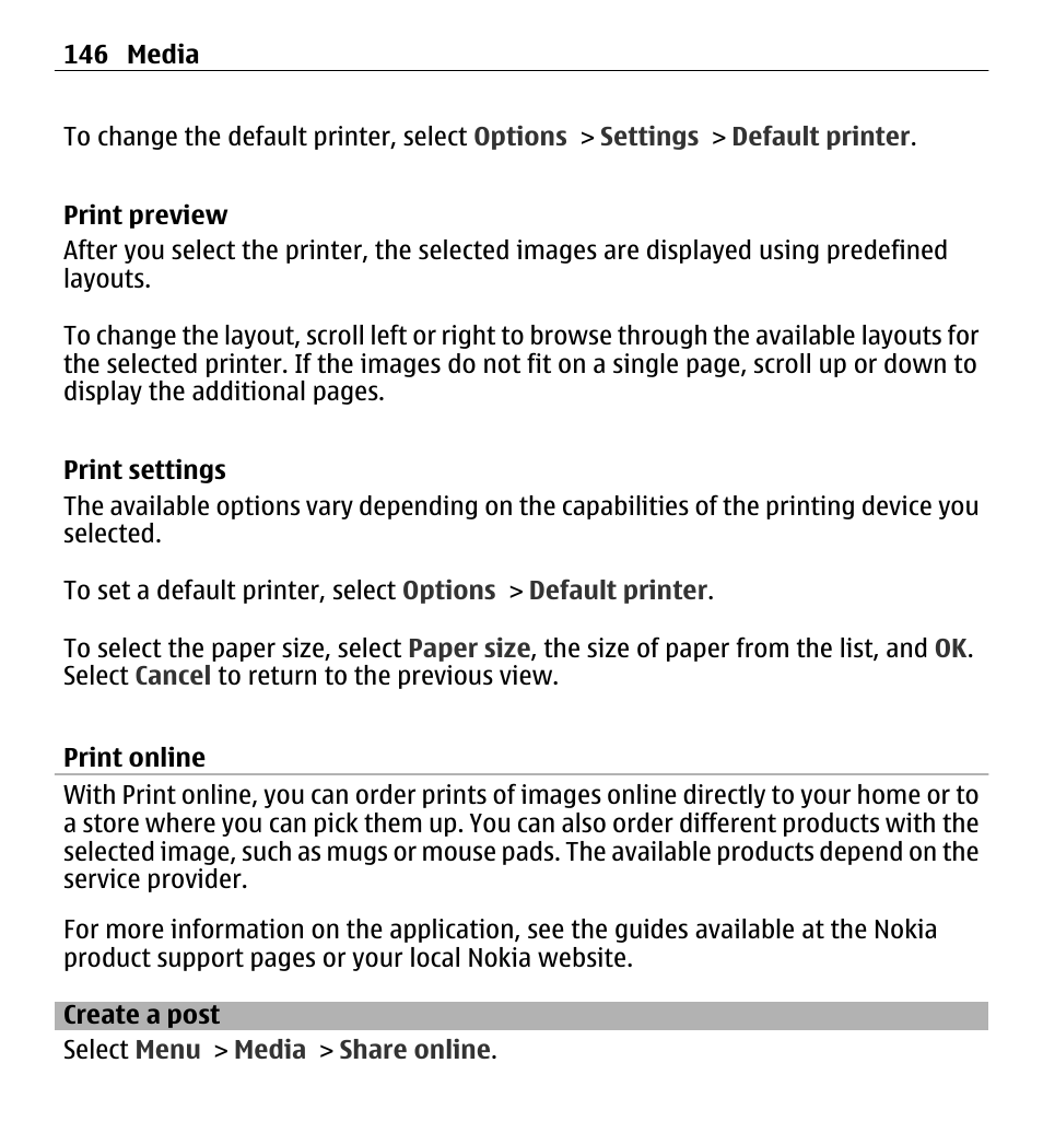 Print preview, Print settings, Print online | Create a post | Nokia E5-00 User Manual | Page 146 / 230