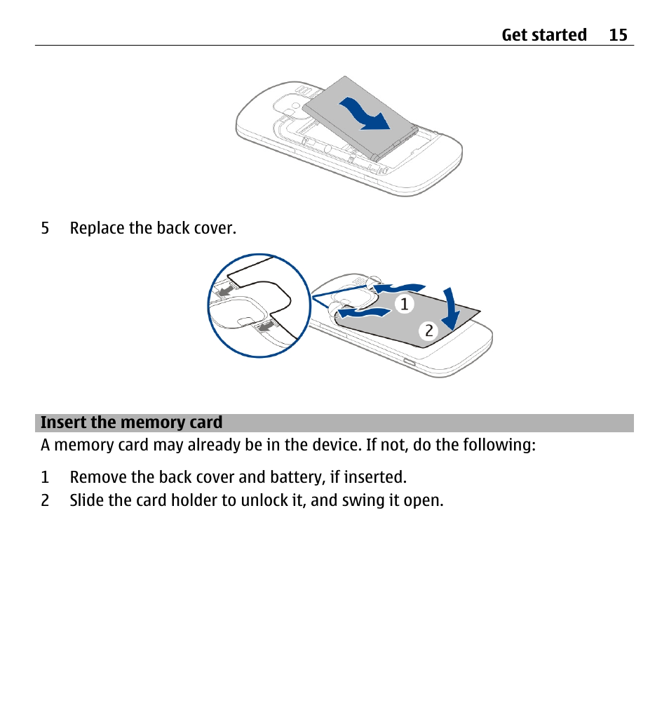 Insert the memory card | Nokia E5-00 User Manual | Page 15 / 230