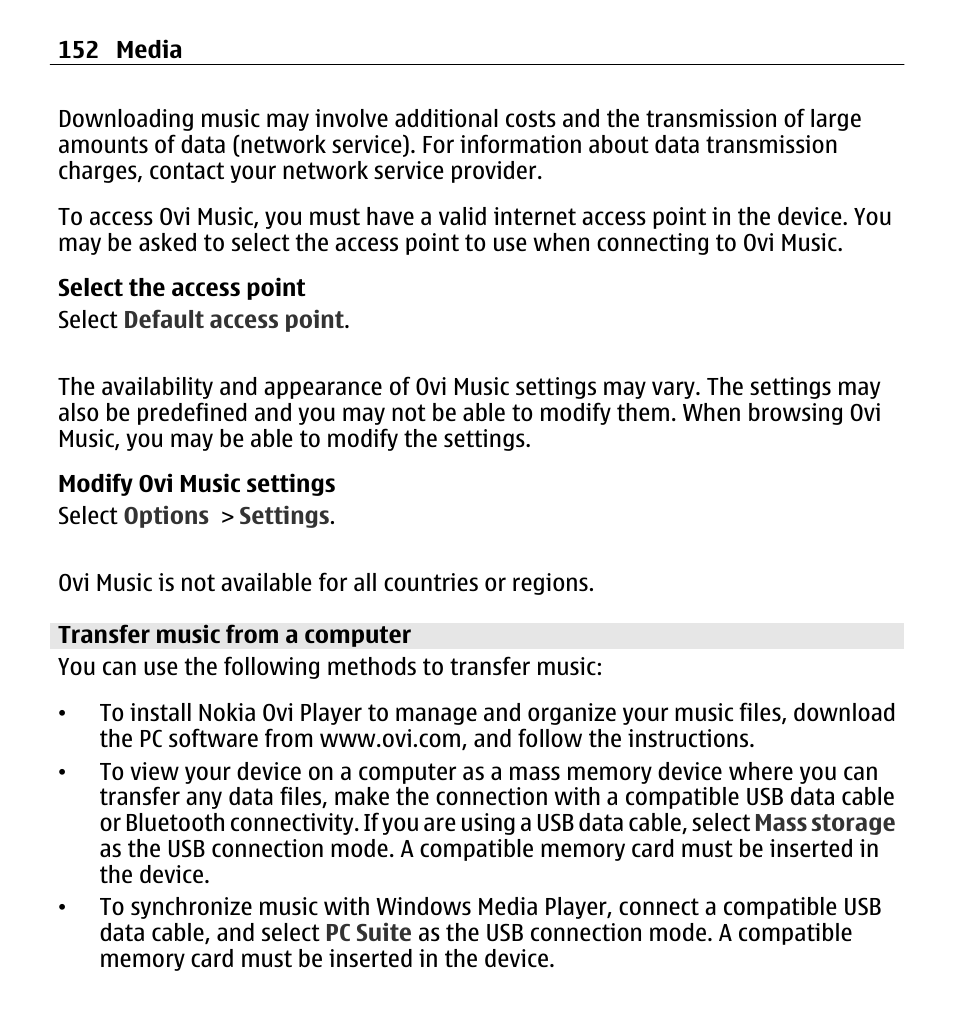 Transfer music from a computer | Nokia E5-00 User Manual | Page 152 / 230