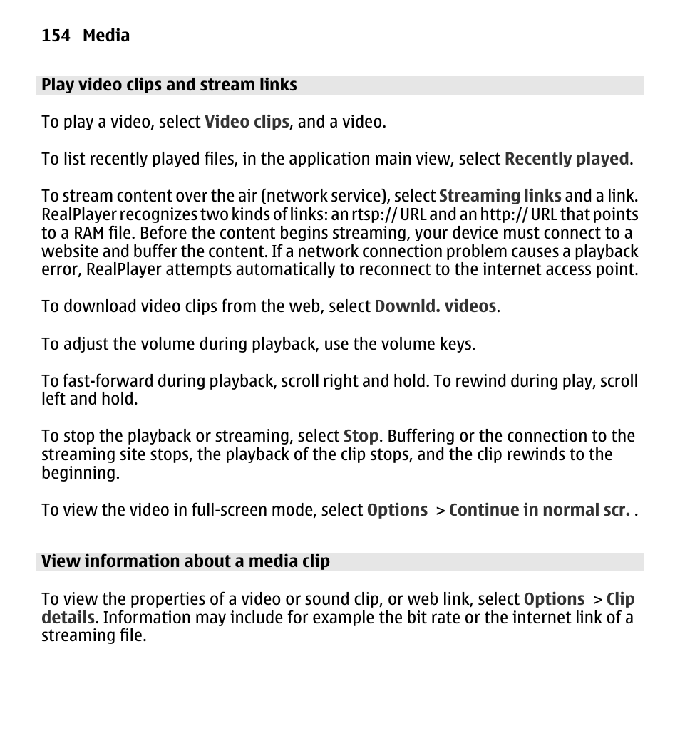 Play video clips and stream links, View information about a media clip | Nokia E5-00 User Manual | Page 154 / 230
