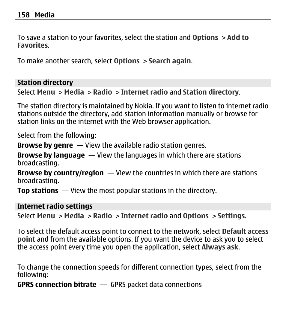 Station directory, Internet radio settings | Nokia E5-00 User Manual | Page 158 / 230