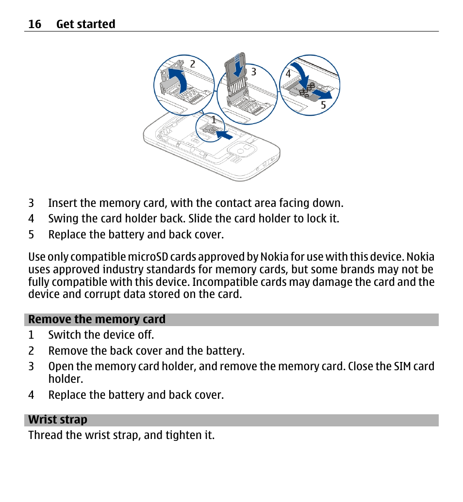 Remove the memory card, Wrist strap | Nokia E5-00 User Manual | Page 16 / 230