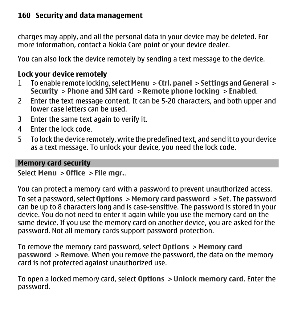 Memory card security | Nokia E5-00 User Manual | Page 160 / 230