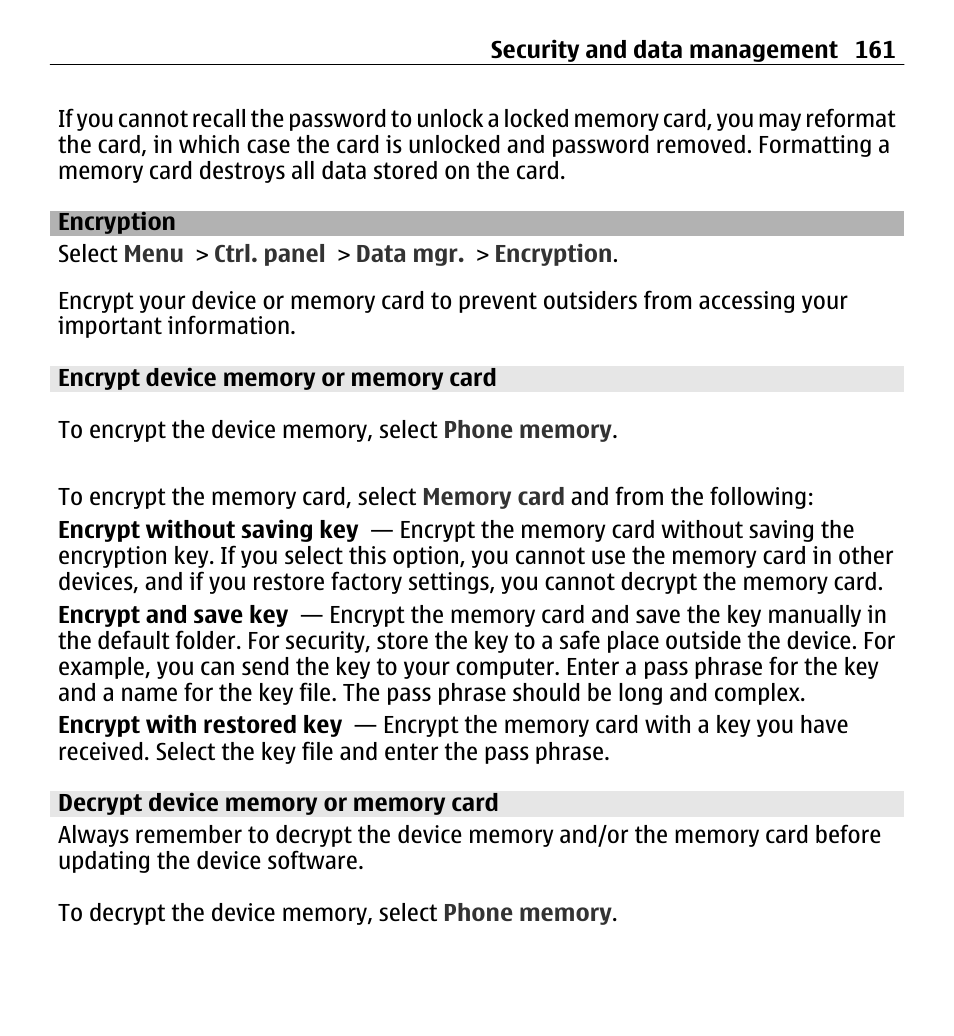 Encryption, Encrypt device memory or memory card, Decrypt device memory or memory card | Nokia E5-00 User Manual | Page 161 / 230