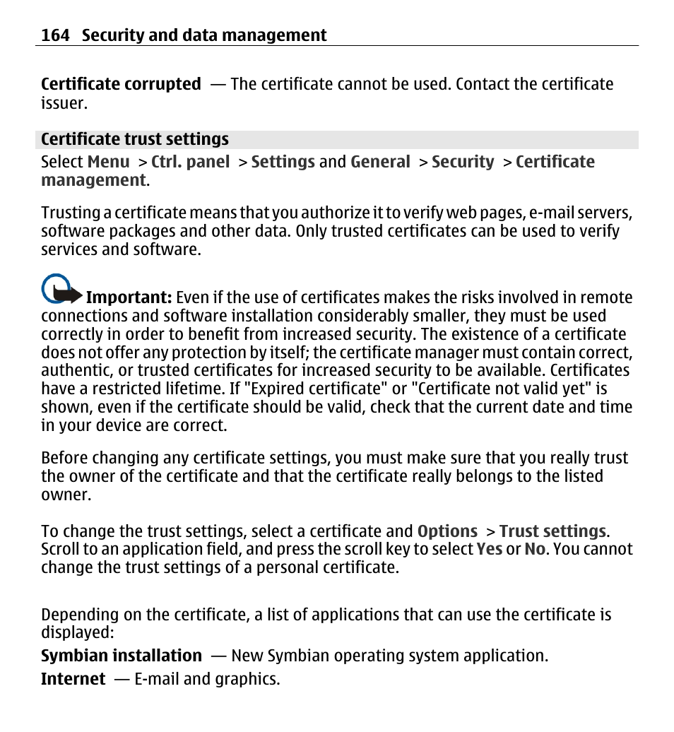 Certificate trust settings | Nokia E5-00 User Manual | Page 164 / 230