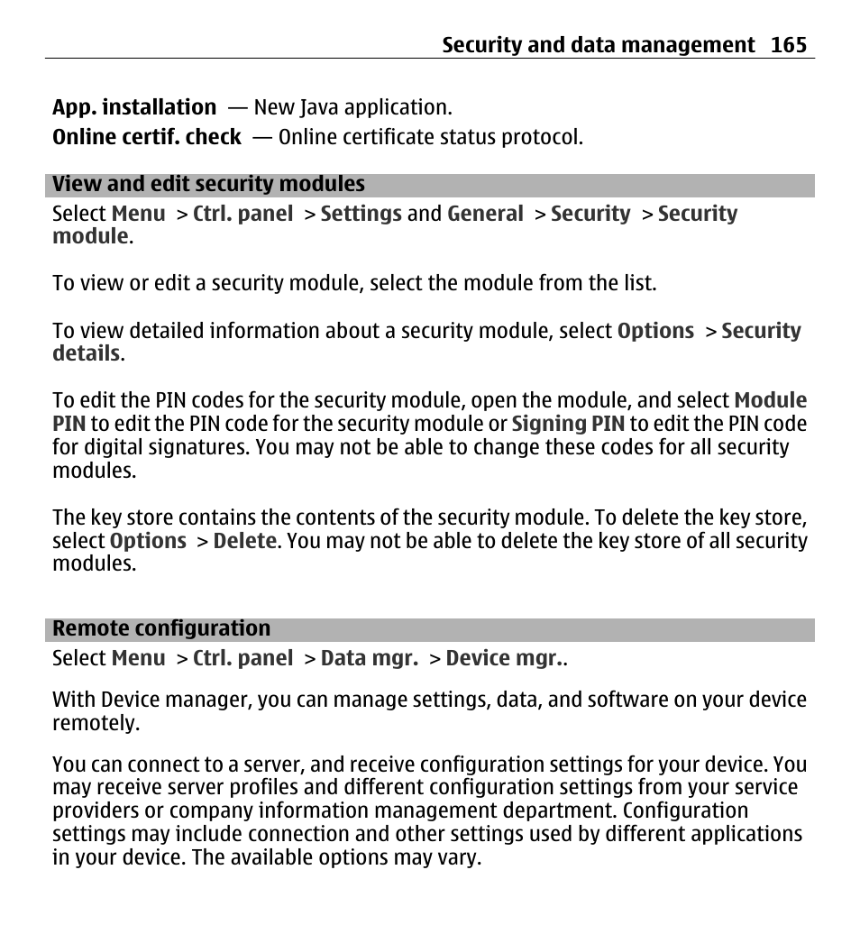 View and edit security modules, Remote configuration | Nokia E5-00 User Manual | Page 165 / 230