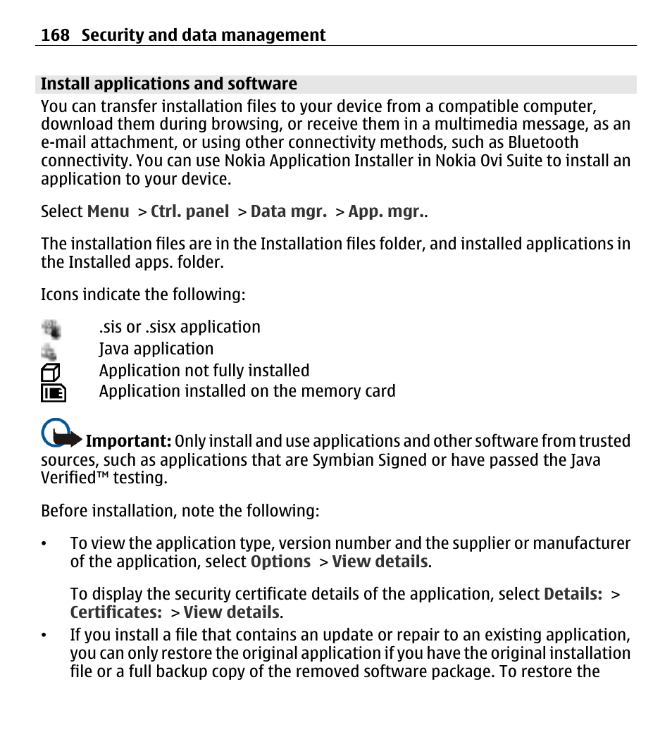 Install applications and software | Nokia E5-00 User Manual | Page 168 / 230