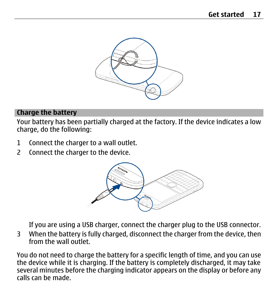 Charge the battery | Nokia E5-00 User Manual | Page 17 / 230