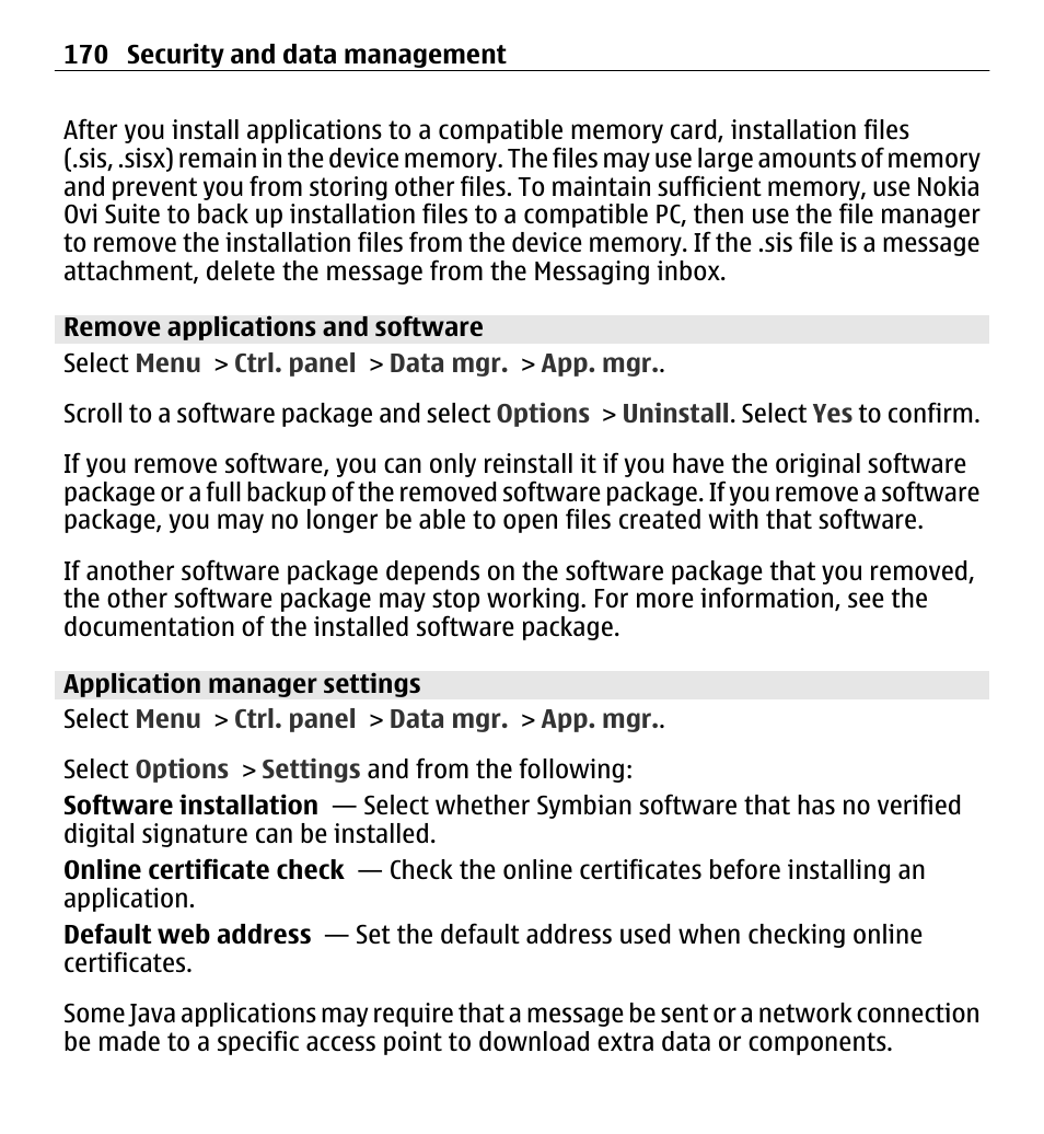 Remove applications and software, Application manager settings | Nokia E5-00 User Manual | Page 170 / 230