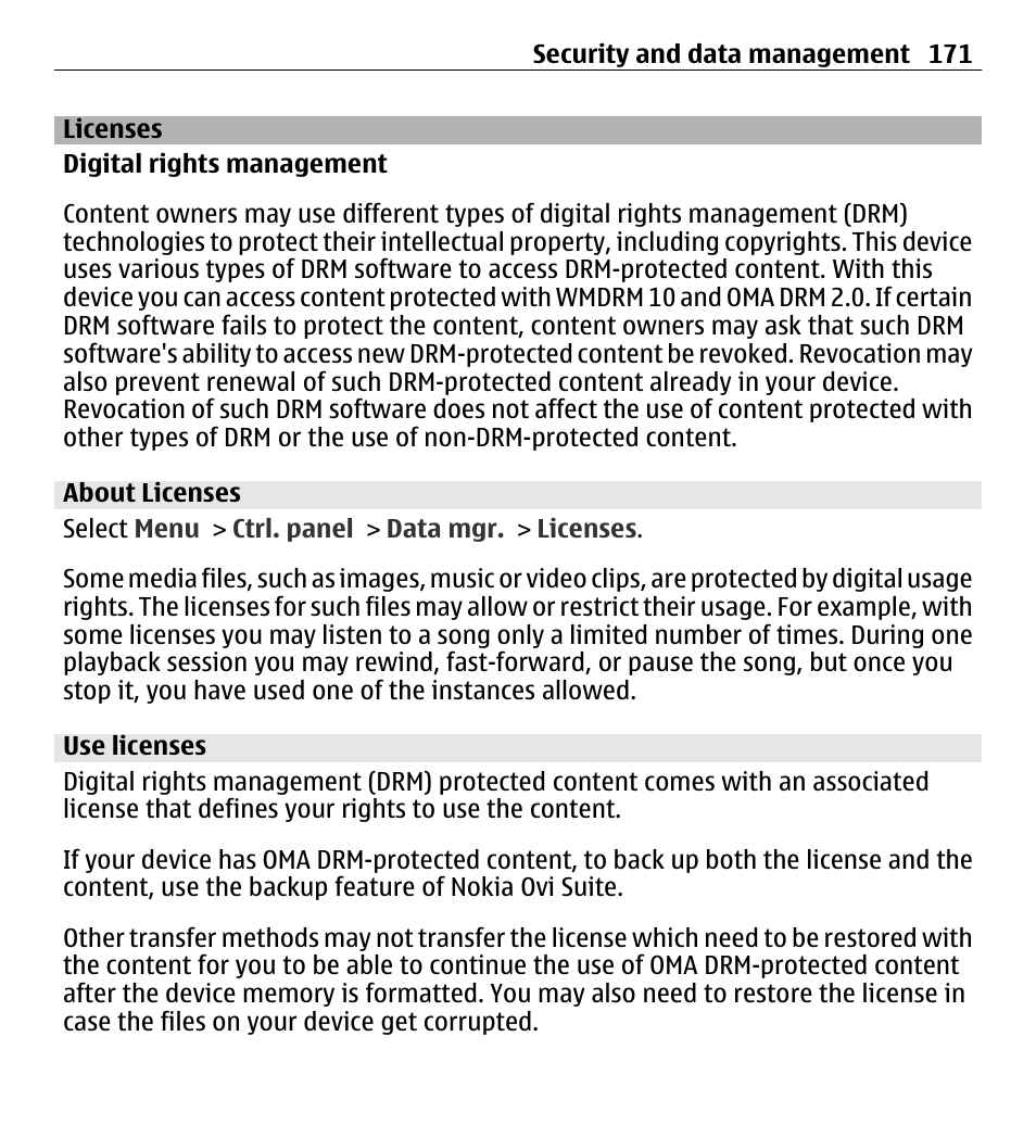 Licenses, About licenses, Use licenses | Nokia E5-00 User Manual | Page 171 / 230