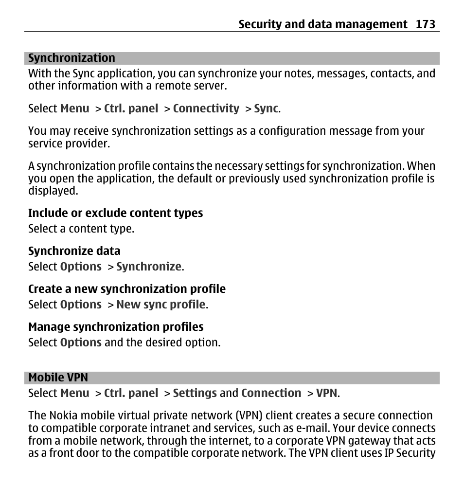 Synchronization, Mobile vpn | Nokia E5-00 User Manual | Page 173 / 230
