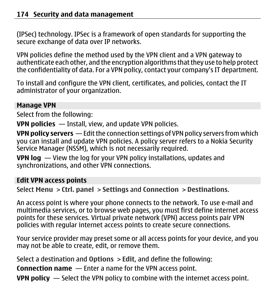 Manage vpn, Edit vpn access points | Nokia E5-00 User Manual | Page 174 / 230