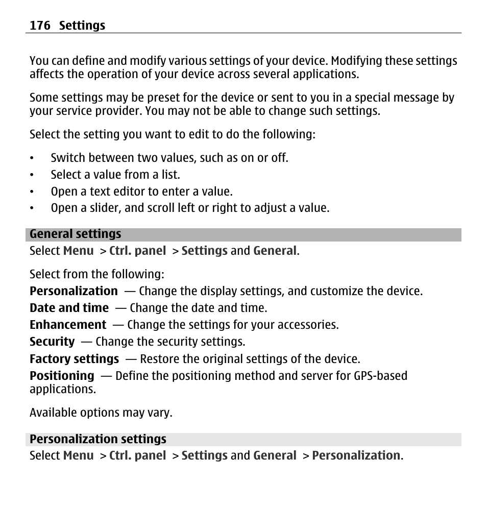 General settings, Personalization settings | Nokia E5-00 User Manual | Page 176 / 230
