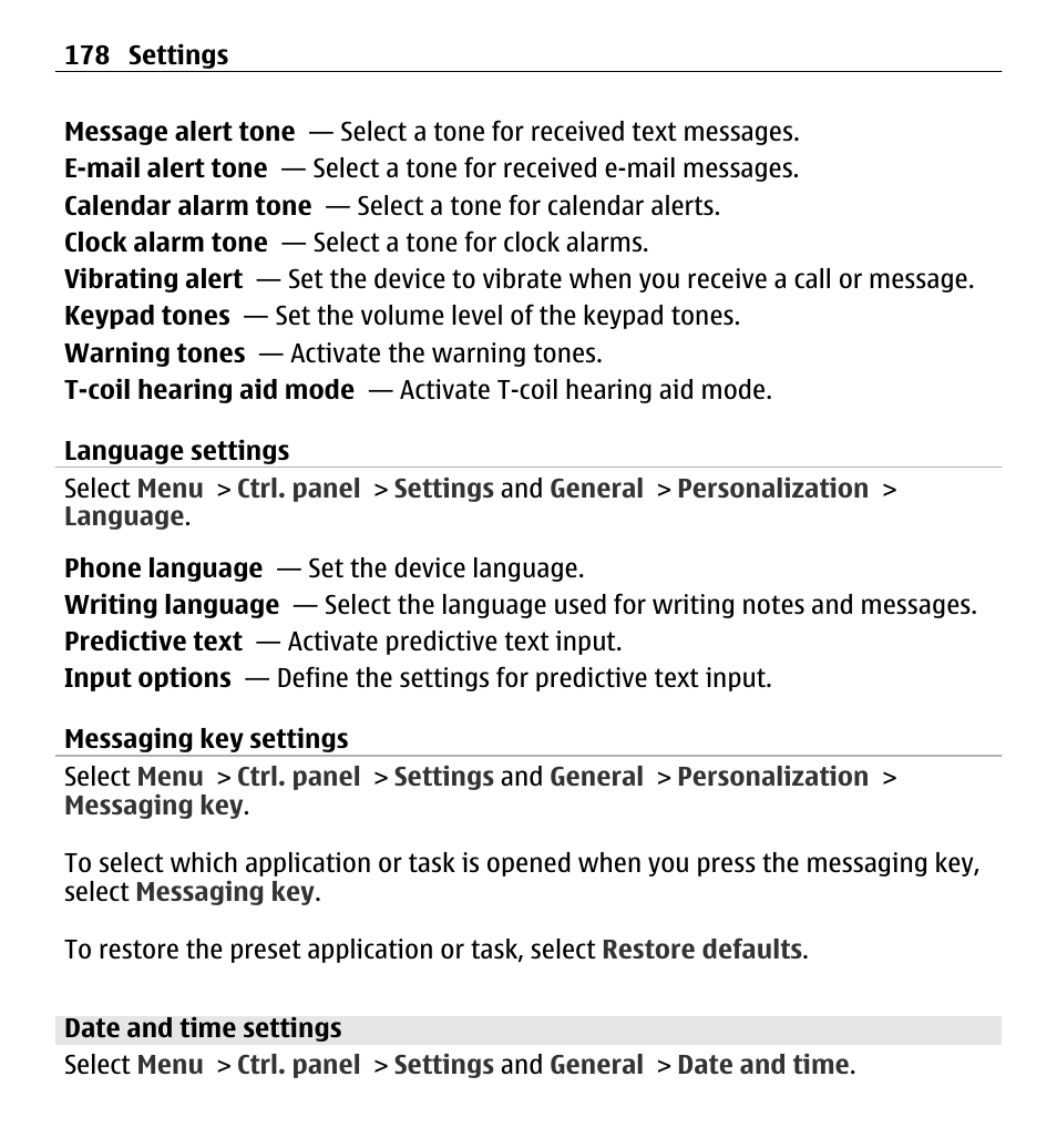 Language settings, Messaging key settings, Date and time settings | Nokia E5-00 User Manual | Page 178 / 230