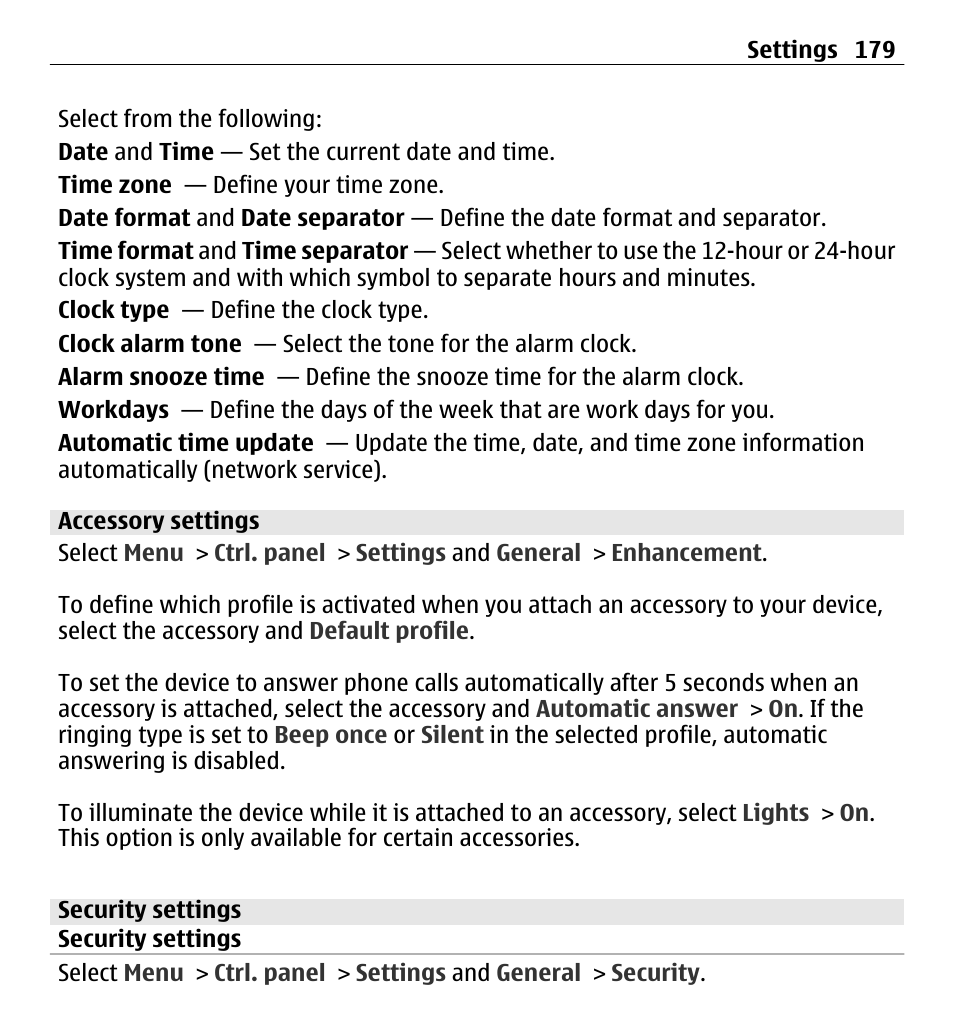 Accessory settings, Security settings | Nokia E5-00 User Manual | Page 179 / 230