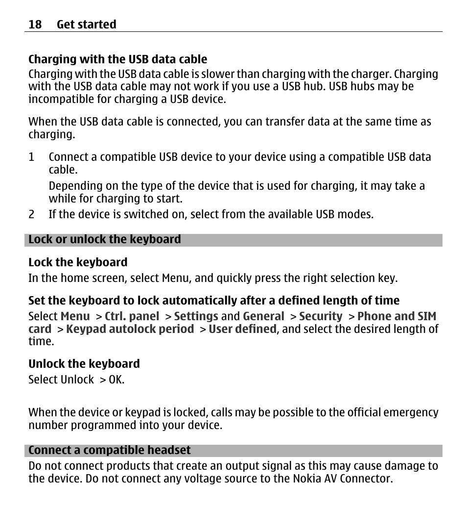 Lock or unlock the keyboard, Connect a compatible headset | Nokia E5-00 User Manual | Page 18 / 230