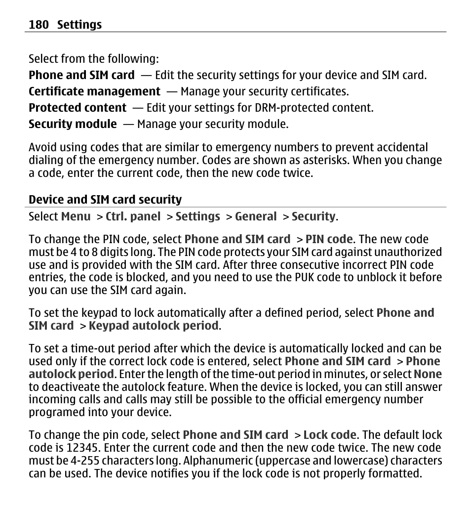 Device and sim card security | Nokia E5-00 User Manual | Page 180 / 230