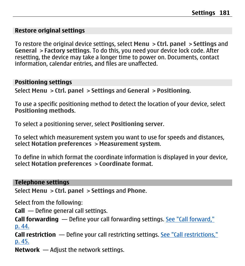 Restore original settings, Positioning settings, Telephone settings | Nokia E5-00 User Manual | Page 181 / 230