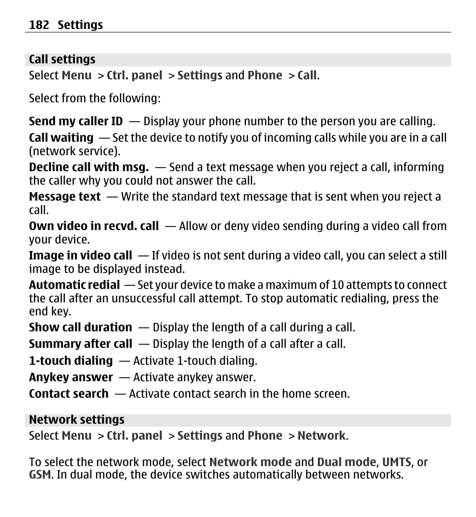 Call settings, Network settings | Nokia E5-00 User Manual | Page 182 / 230