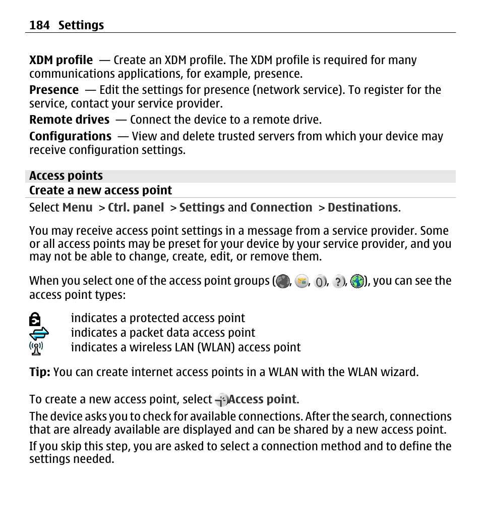 Access points, Create a new access point | Nokia E5-00 User Manual | Page 184 / 230
