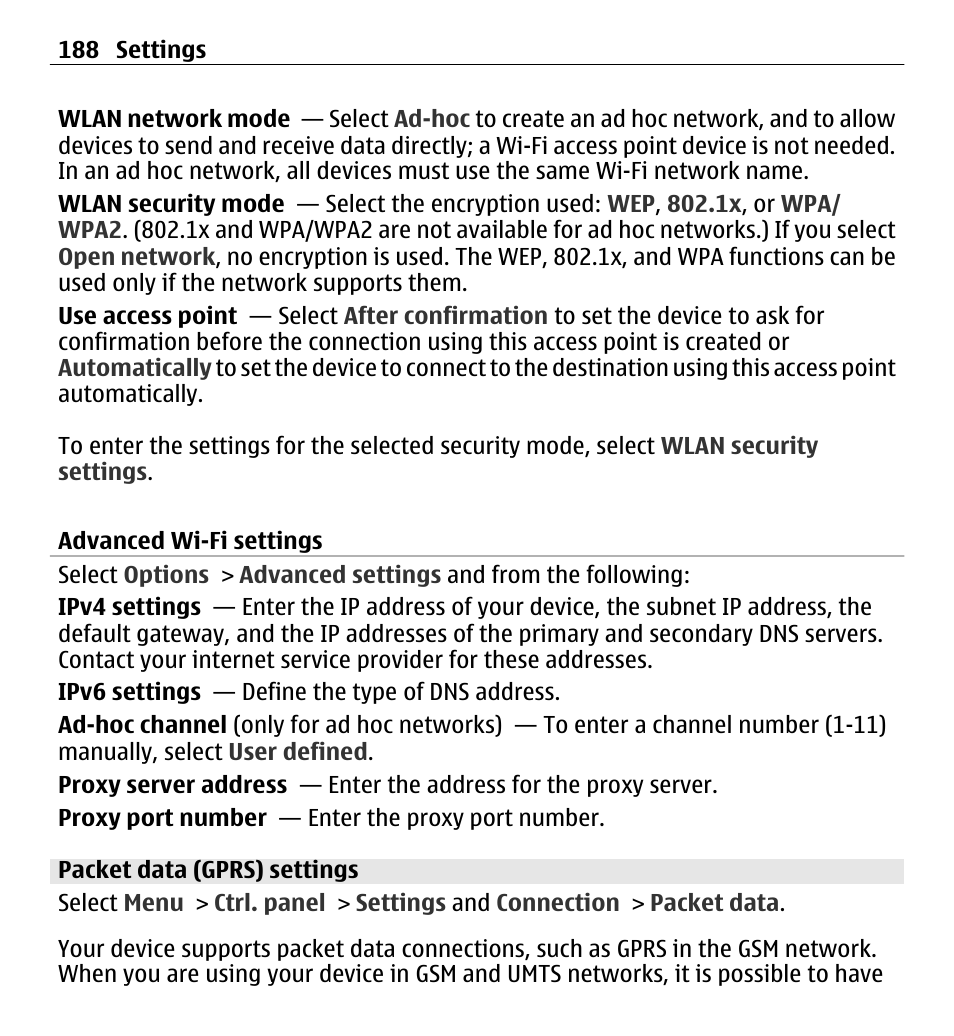 Packet data (gprs) settings | Nokia E5-00 User Manual | Page 188 / 230