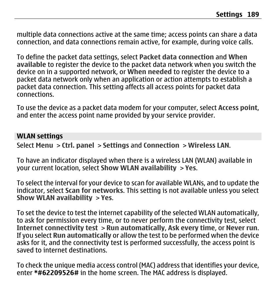Wlan settings | Nokia E5-00 User Manual | Page 189 / 230
