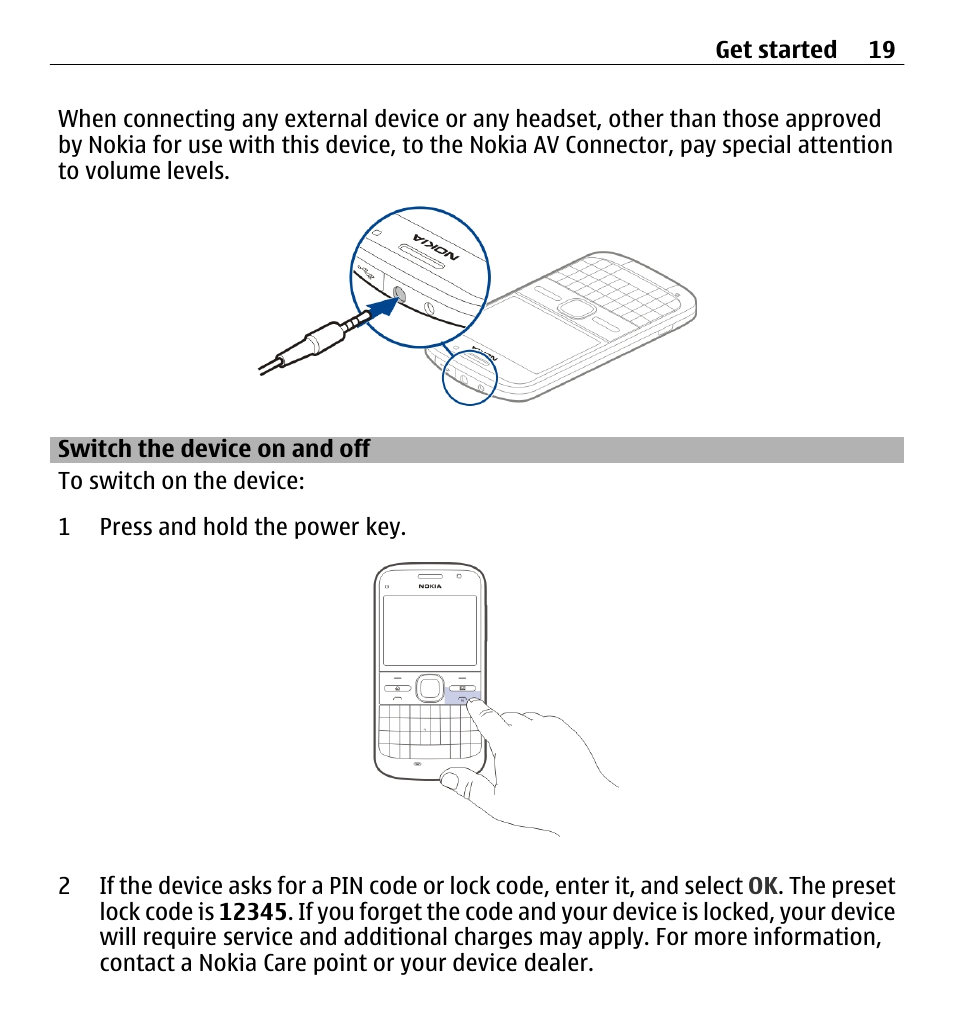 Switch the device on and off | Nokia E5-00 User Manual | Page 19 / 230