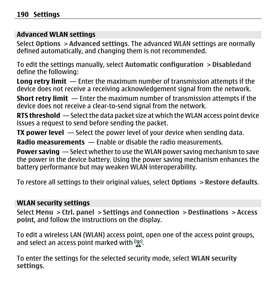 Advanced wlan settings, Wlan security settings | Nokia E5-00 User Manual | Page 190 / 230