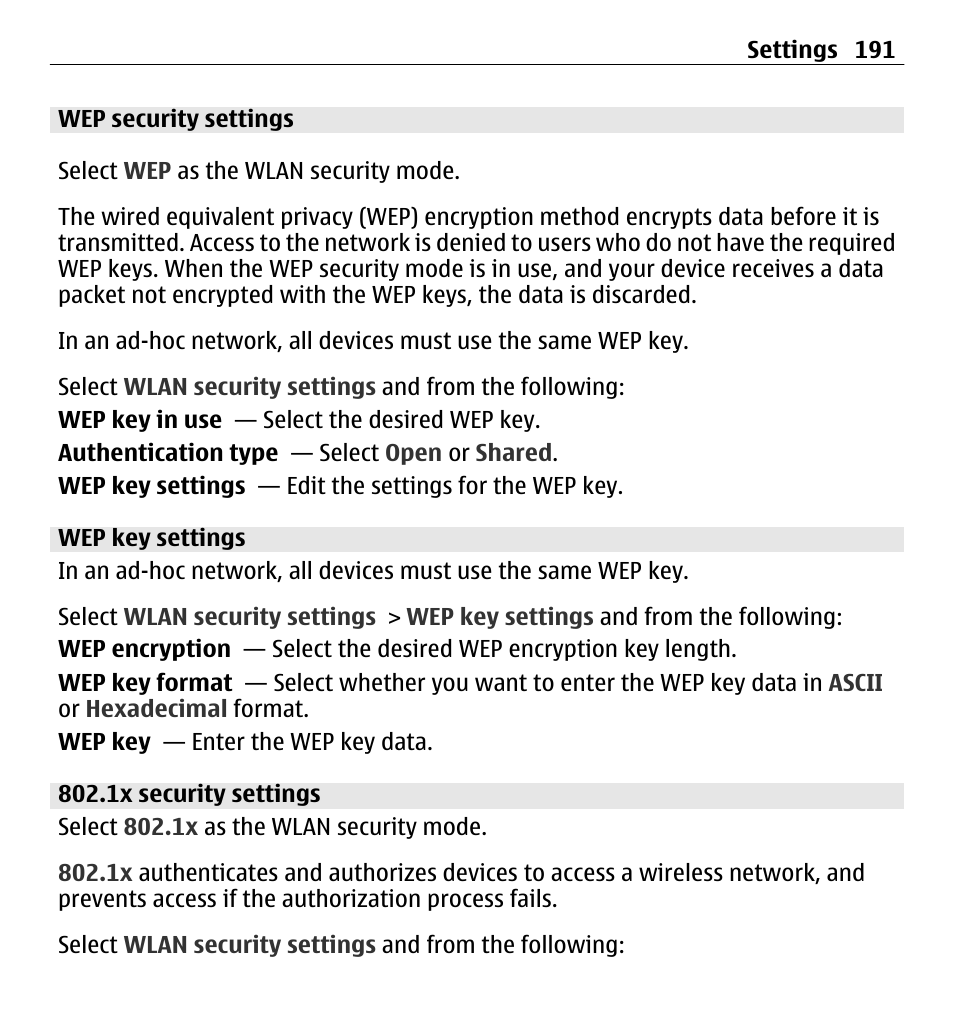 Wep security settings, Wep key settings, 1x security settings | Nokia E5-00 User Manual | Page 191 / 230