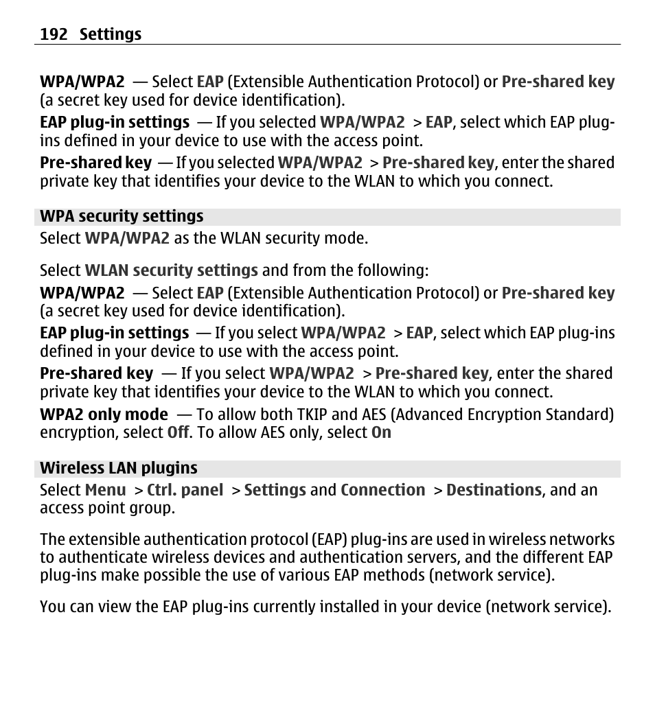 Wpa security settings, Wireless lan plugins | Nokia E5-00 User Manual | Page 192 / 230