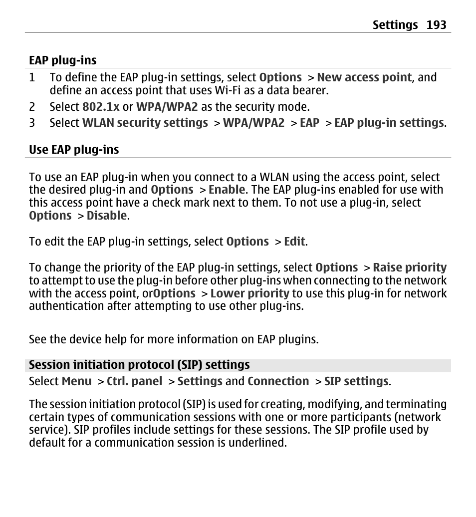 Eap plug-ins, Use eap plug-ins, Session initiation protocol (sip) settings | Nokia E5-00 User Manual | Page 193 / 230