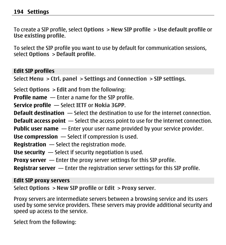 Edit sip profiles, Edit sip proxy servers | Nokia E5-00 User Manual | Page 194 / 230