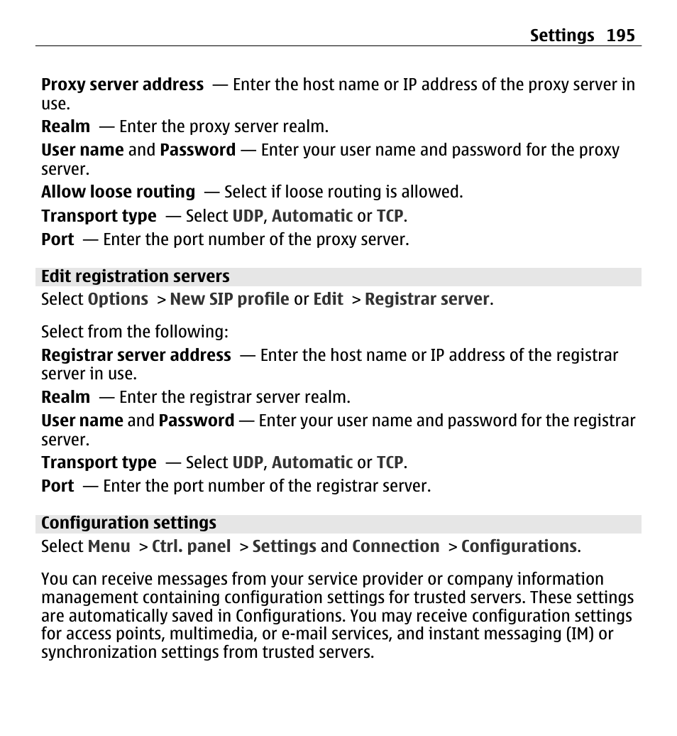 Edit registration servers, Configuration settings | Nokia E5-00 User Manual | Page 195 / 230