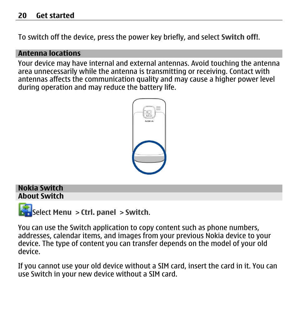 Antenna locations, Nokia switch, About switch | Nokia E5-00 User Manual | Page 20 / 230