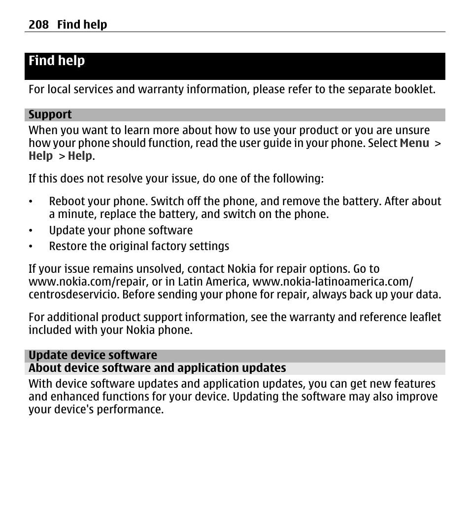 Find help, Support, Update device software | About device software and application updates | Nokia E5-00 User Manual | Page 208 / 230