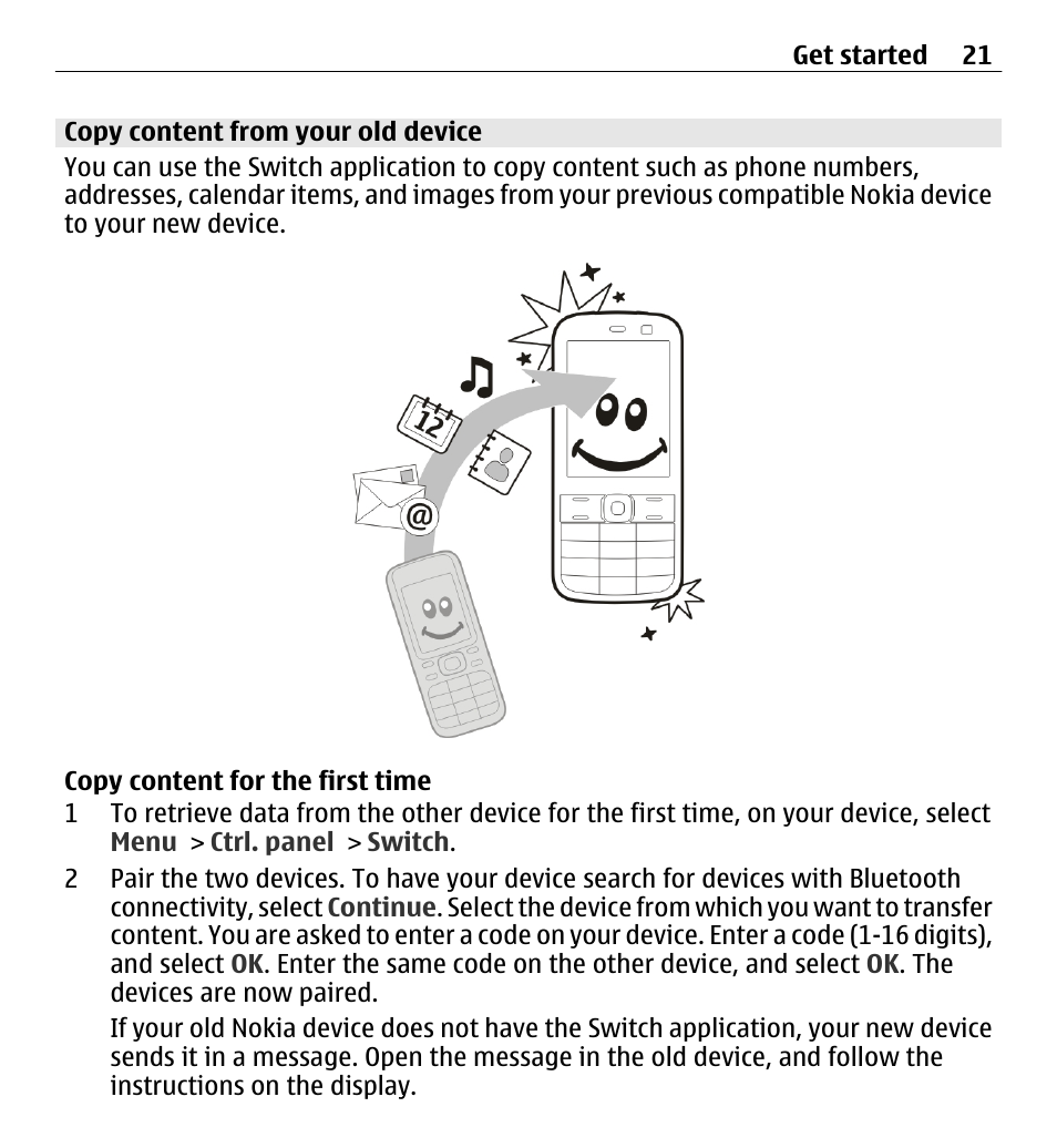 Copy content from your old device | Nokia E5-00 User Manual | Page 21 / 230