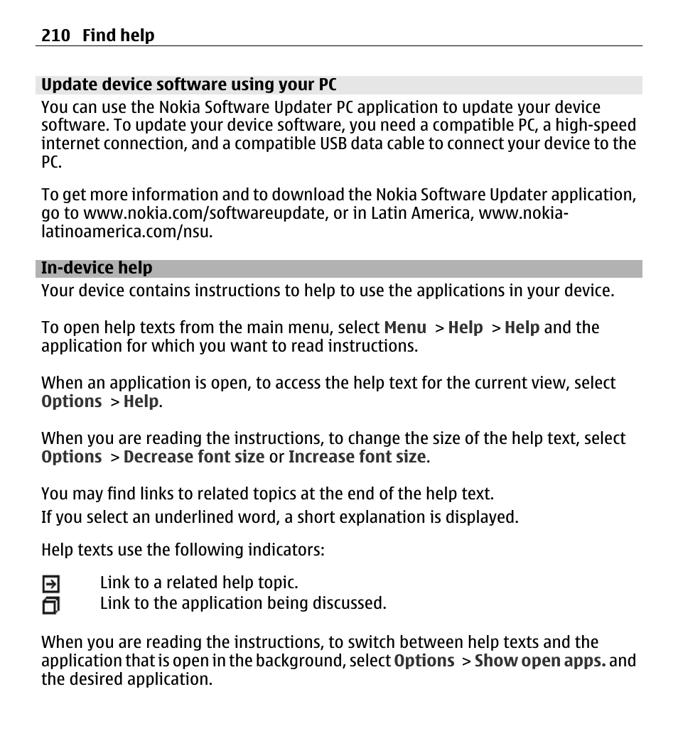 Update device software using your pc, In-device help | Nokia E5-00 User Manual | Page 210 / 230