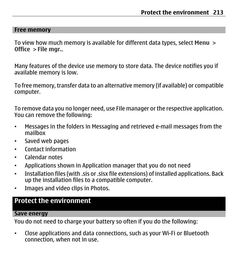Free memory, Protect the environment, Save energy | Nokia E5-00 User Manual | Page 213 / 230