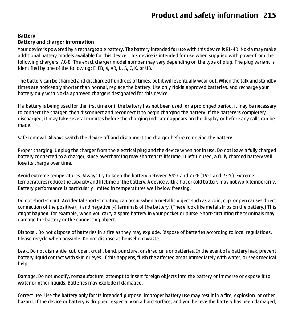 Battery, Battery and charger information, Product and safety information 215 | Nokia E5-00 User Manual | Page 215 / 230