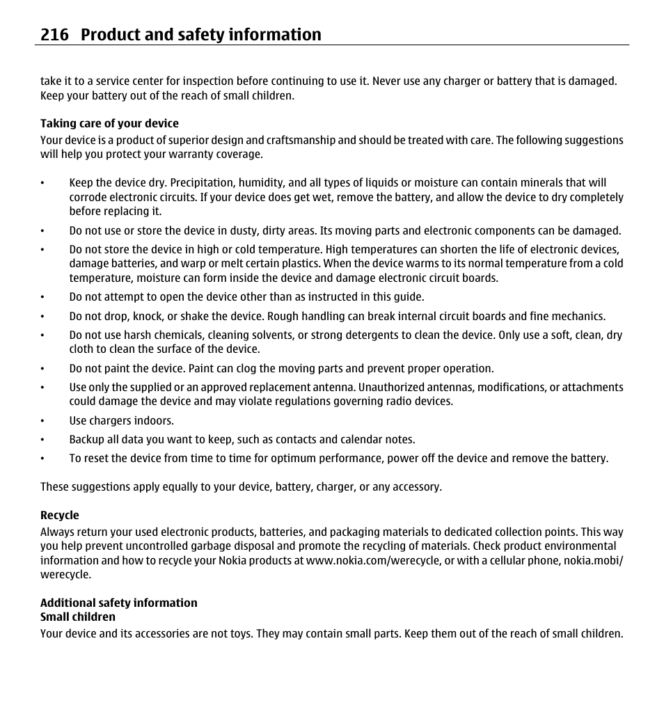 Taking care of your device, Recycle, Additional safety information | Small children, 216 product and safety information | Nokia E5-00 User Manual | Page 216 / 230