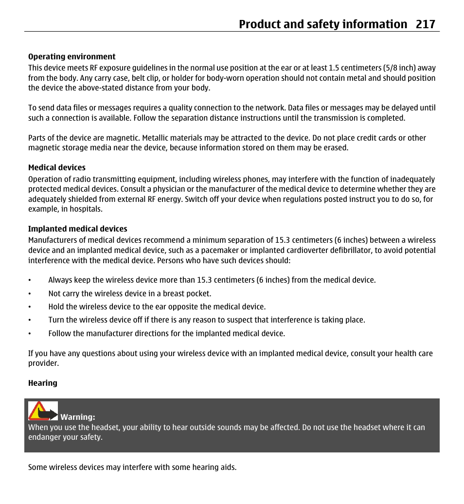 Operating environment, Medical devices, Implanted medical devices | Hearing, Product and safety information 217 | Nokia E5-00 User Manual | Page 217 / 230