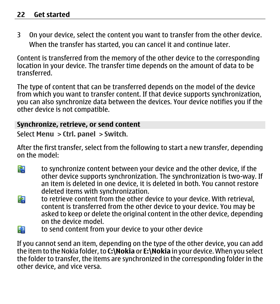 Synchronize, retrieve, or send content | Nokia E5-00 User Manual | Page 22 / 230