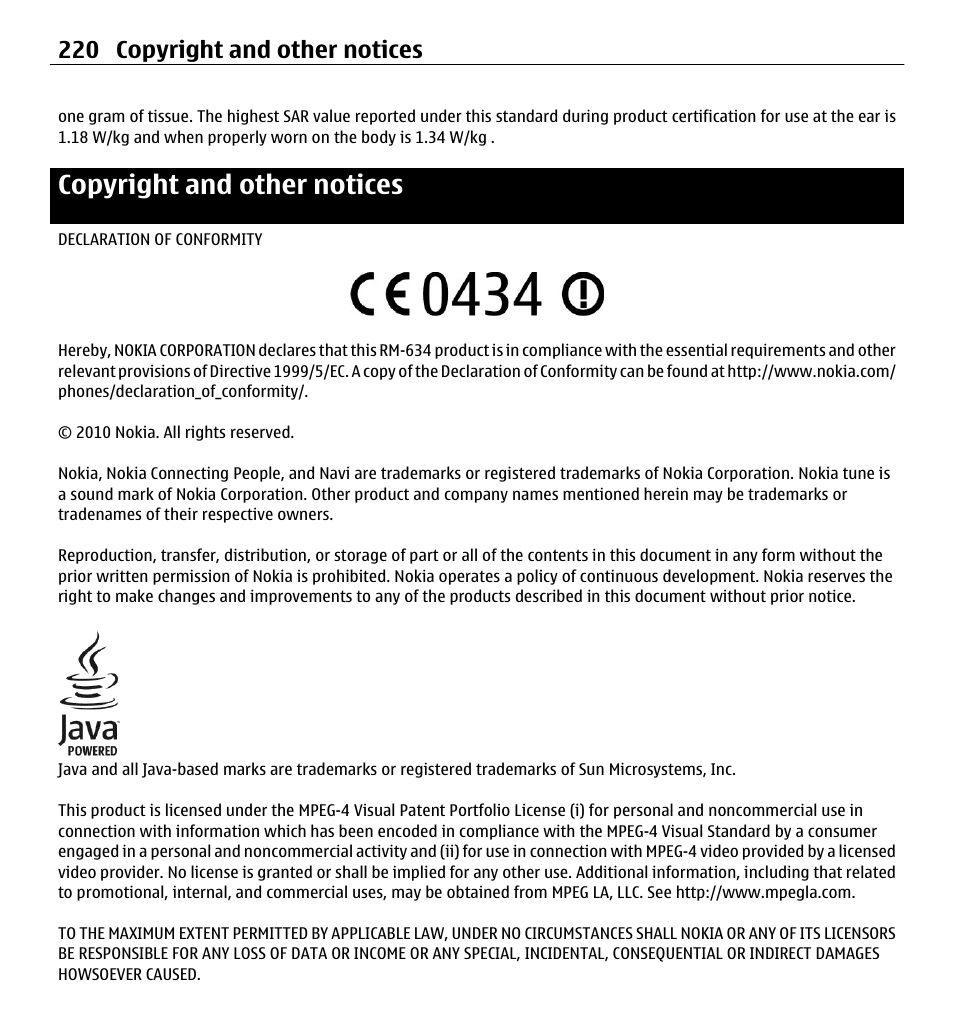 Copyright and other notices, 220 copyright and other notices | Nokia E5-00 User Manual | Page 220 / 230