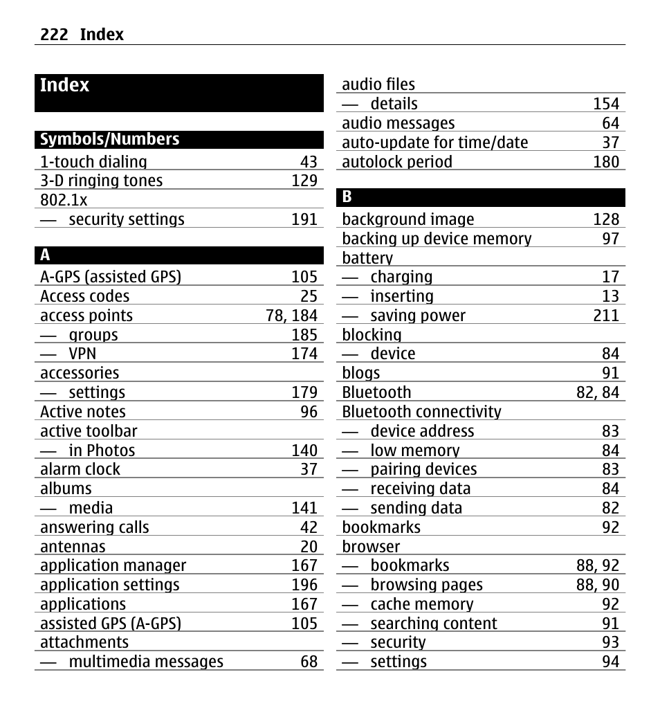 Index | Nokia E5-00 User Manual | Page 222 / 230
